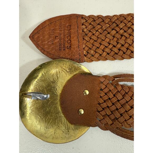 CHICO’S Women’s Boho Vintage Woven Leather Belt L Etched Brass Disc Hook Buckle - Picture 7 of 10